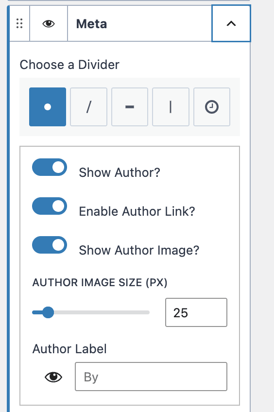 Screenshot of the Meta sidebar in the Customize window on a WordPress blog showing that "Show Author", "Enable Author Link", and "Show Author Image" are all turned on. 